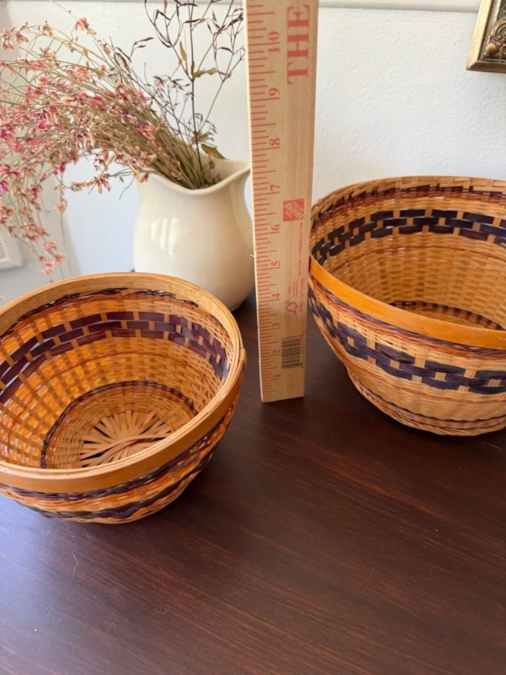 Vintage Handwoven Natural and Dark Brown Wicker Decorative Basket Set